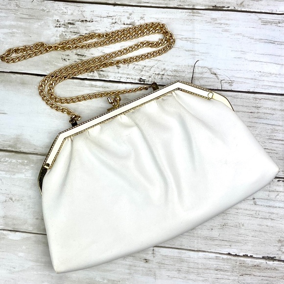 Handbags - 13 . VINTAGE Vegan Leather White Clutch Purse Optional Gold Chain Strap Bag